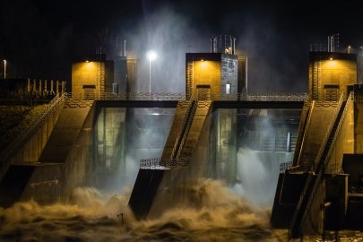Hydropower dam at night.