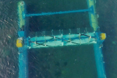 Underwater photo of a tidal energy device installed at the bottom of a river. 