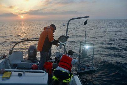 Two people deploy an environmental monitoring device into the ocean. The device, which looks like a large camera with a bright light attached, is being lowered into the ocean at twilight by a pulley device. Two members of the team are assisting in lowering the device into the ocean. 