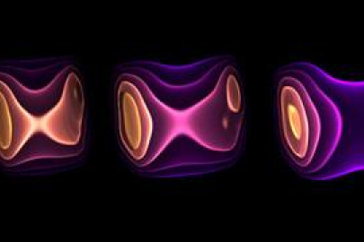 This graphic shows the energy density (yellow is high; purple is low) at different times during the hydrodynamic evolution of matter created in a collision of a lead ion (moving to the left) with a photon emitted from another lead ion (moving to the right).