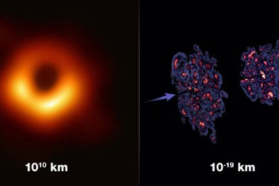 Black holes with dimensions of billions of kilometers (left, as imaged by the Event Horizon Telescope) share features with a dense state of subatomic gluons created in collisions of atomic nuclei (right).