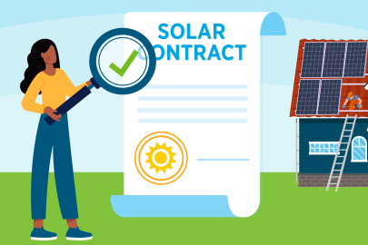 A consumer reviews a solar contract with a magnifying glass. In the background is a house with rooftop solar panels being installed.