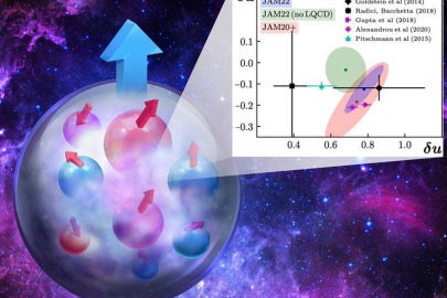 A proton with transverse spin and quarks inside also with transverse spins. The tensor charge can be calculated for “up” and “down” quarks by various methods to quantify their total transverse spin in the proton (inset figure).