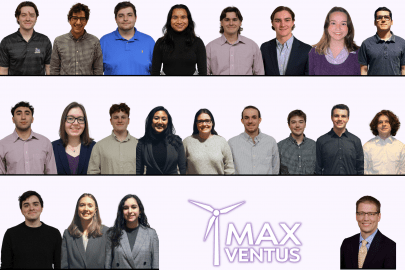 Three rows of student photos stitched together along with a cartoon wind turbine and a MaxVentus logo on the bottom row between students and a professor.