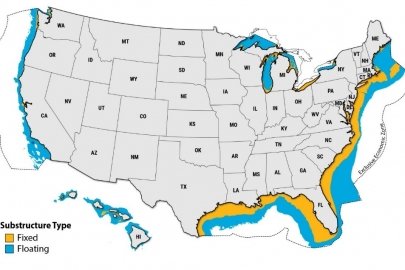 Map showing the general locations of wind resources off the coast of the United States where fixed-bottom and floating offshore wind energy turbines could be installed around the United States to generate clean, renewable energy for the U.S. grid.