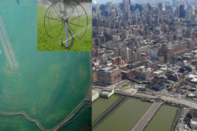 Irrigation and urbanization can affect rainfall locally and remotely in different ways. Composite photograph of irrigated fields and a cityscape.