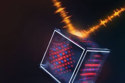 A logical qubit is embedded into the state space of a harmonic oscillator using the grid code, represented here by faces of the cube. Quantum error correction protects these grid states from corruption by a noisy environment, symbolized by the ray.
