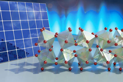The atomic structure in an inorganic perovskite. Bromine atoms (red) at the corners act as “hinges” that allow the structure to flex. This inhibits the electrons from recombining and may enhance the efficiency of these materials for solar applications.