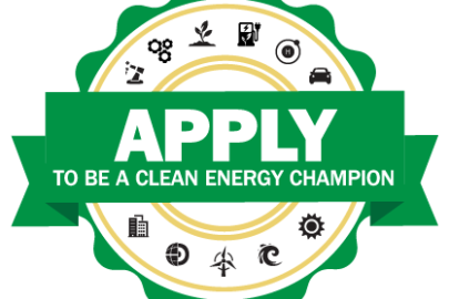 A green seal with logos, with a ribbon including the text "Apply to be a Clean Energy Champion" overlaid on it