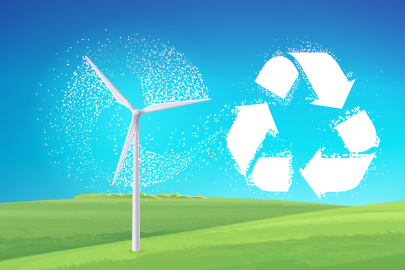 Illustration of a wind turbine and the recycling logo. 