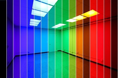 A room overlayed with vertical stripes representing the color spectrum.
