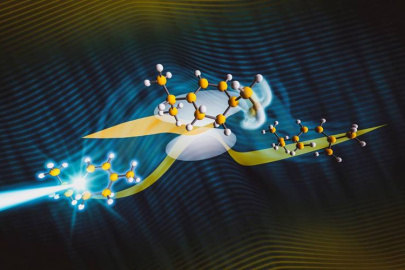 Artist’s illustration of the observed photochemical “transition state” structure (center). This state lasts less than one millionth of one millionth of a second.