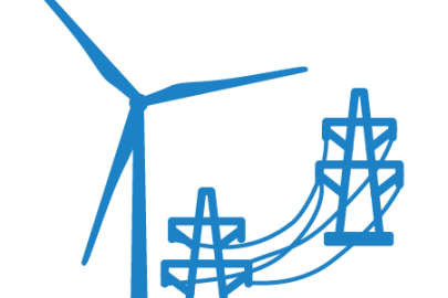 An icon of a wind turbine next to transmission towers and power lines.