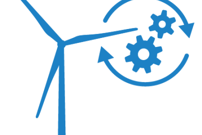 An icon of a wind turbine next to gears surrounded by cycling arrows.