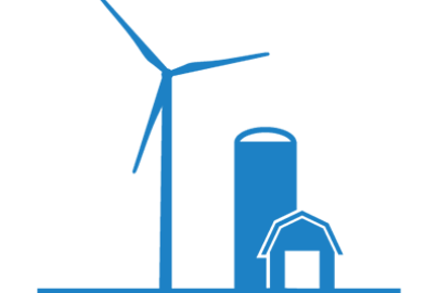 An icon of a wind turbine next to a farm.