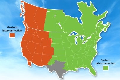 Map of North America showing the Western and Eastern Interconnections.