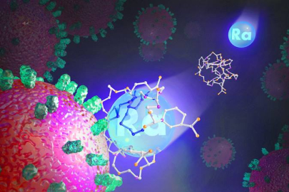 This image depicts a binding molecule delivering radium-223 to a cancer cell.