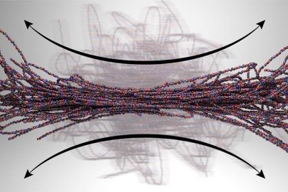 Models of polymer molecular chains illustrate the changing dynamics during melting in manufacturing. The background image suggests the many molecular configurations possible due to Brownian motion in the polymer as the chains gain freedom and deform.