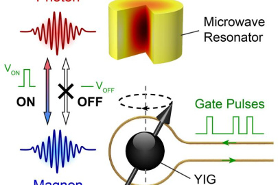 Gated coherent exchange between magnons (spin excitations) in a magnetic sphere (YIG) and photons in a microwave resonator of an electromagnonic device.