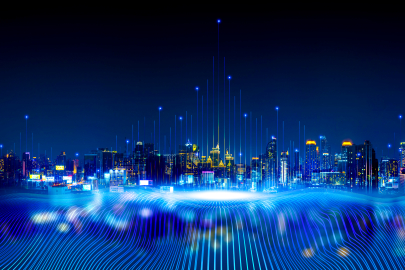 Illustration of a city in a futuristic landscape