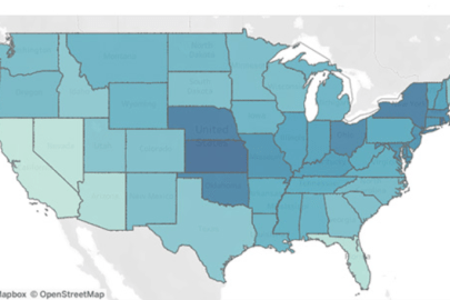 Map of the United States with the states shaded in different hues of blue.