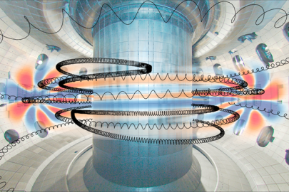 Schematic of fast ions (black spirals) interacting with plasma waves (color) in a fusion experiment.