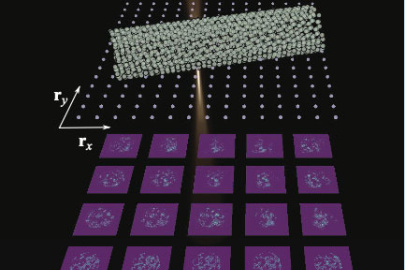 In this schematic, a coherent electron microscopy beam is scanned over a carbon nanotube; the 2D diffracted image is recorded by a superfast detector for all scanned points.