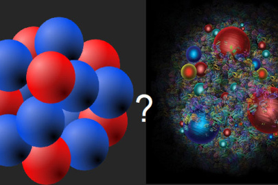 Representation of nuclear matter on the left and of quark matter on the right. The question mark alludes to the question of whether these liquids can be distinguished in a theoretically rigorous manner.