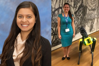 left: headshot of Mariana. right: Mariana standing with robot