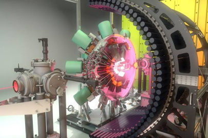 Computer rendering of the experimental setup to detect decay signatures of isotopes. A beam of excited sodium-32 nuclei implants and decays in the Facility for Rare Isotope Beams Decay Station initiator.