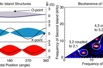Magnetic island structures can exist in a tokamak at different radial locations (left), but couple to each other as their speeds match. The coupling strength is indicated in the combined value of the different wave frequencies (right).