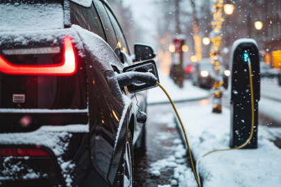 An electric car is parked at a charging station in the snow.