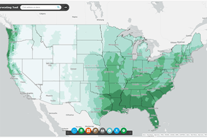 Screenshot from the FEMP Rainwater Harvesting Tool showing a map of the United States with an overlay identifying regions with the potential for rainwater harvesting.