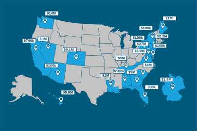 A map of the United States that highlights the locations of federal projects receiving funding from FEMP's AFFECT program. Germany is also included as a highlighted country with a U.S. Army base that is receiving funding.