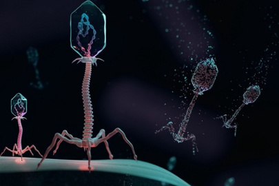 A bacterial virus inserting genetic material inside a bacterial cell during infection.