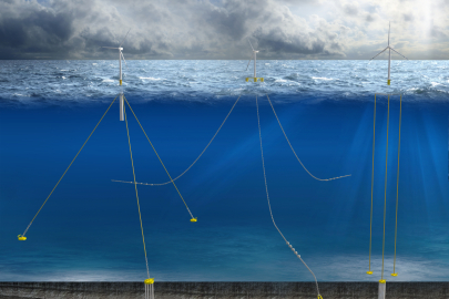 Water-bound wind turbines floating on structures secured by mooring lines and anchors. 