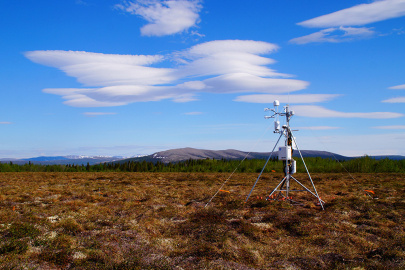 A view of an eddy covariance tower, capable of measuring the release of greenhouse gases, located in Alaska.
