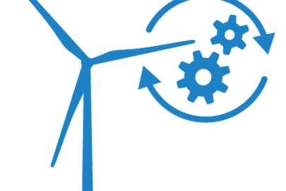 Digital graphic of wind turbine next to two gears inside circular arrows.