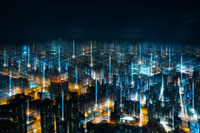 Illustration of city at night.