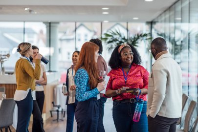 Small groups of people talking.
