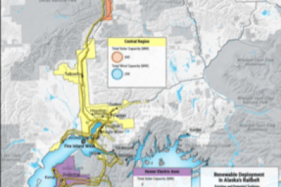 Map of the Railbelt power grid, with the least-cost scenario’s total renewable capacity installations for each region.