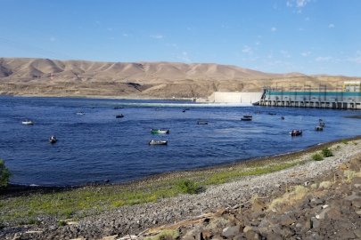 A body of water with more than a dozen boats on it and a dam in the background.