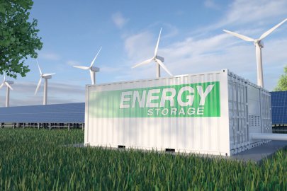 An energy storage container on the grass with solar panels and wind turbines in the background. 