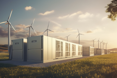Large battery energy storage units in a row with wind turbines in the background at twilight.