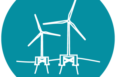 An icon of wind turbines floating on water
