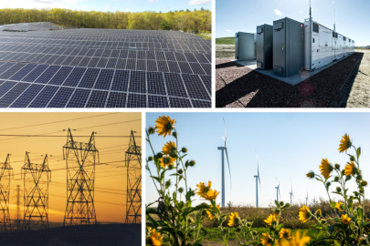 Photo collage of solar panels, wind turbines, batteries, and transmission lines