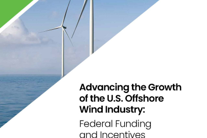 Graphic that says "Advancing the Growth of the U.S. Offshore Wind Industry: Federal Funding and Incentives" with turbines in background.