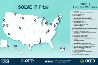 A map of the 2024 SOLVE IT Prize Phase 1 winners locations across the United States.