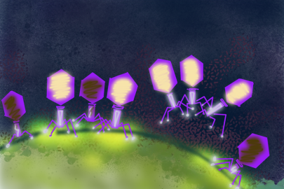 Artist’s representation of bacteriophages, the most abundant biological entities on earth. Researchers used a new CRISPR-based technology to characterize two model phages and demonstrate the potential to extend the approach to diverse phages.