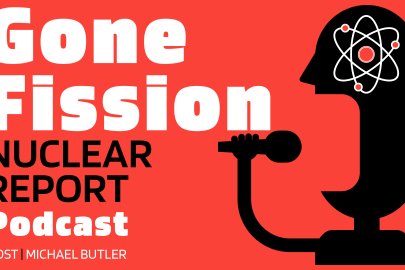 A graphic of a podcast logo. The background is red and the text is in black and white, it reads "Gone Fission,  nuclear report podcast"